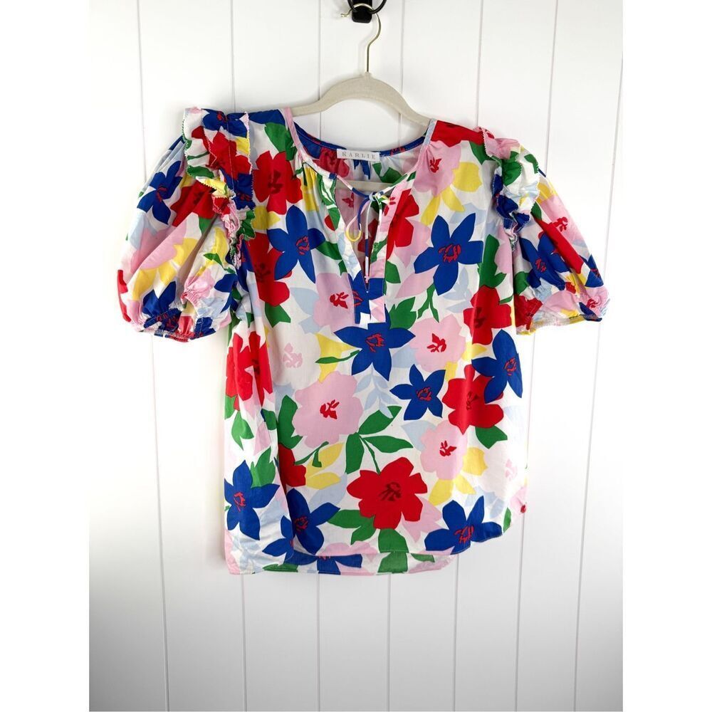 Karlie Bright Multi‎ Flower 100% Cotton Natural Top Sz M Tie Front Ruffle Blouse